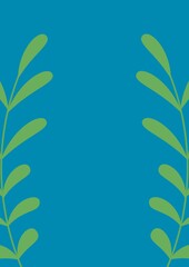 Composition of two green foliage sprigs with central copy space on blue background