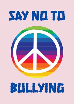 Composition of anti bullying text with peace symbol and rainbow circle on pink background