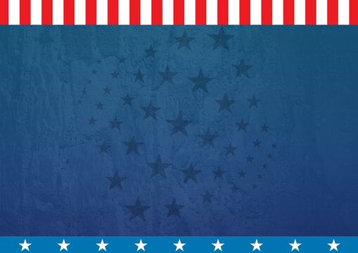 Composition of white stars and red, white and blue stripes of american flag, with blue copy space