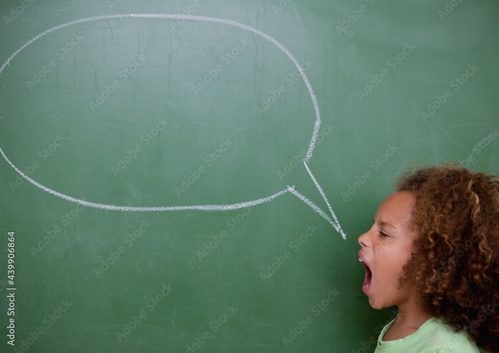 Poster composition of girl shouting with empty chalk speech bubble copy space on chalkboard