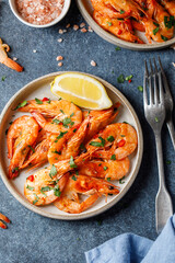 Ready-made shrimps with sauce on plate