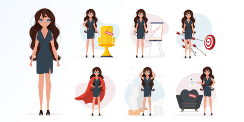 A set of concepts with a girl on the topic of business and HR. Cartoon style. For banners, websites, applications and presentations. Vector.