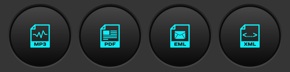 Set MP3 file document, PDF, EML and XML icon. Vector