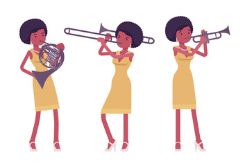 Musician, afro beautiful african american lady playing wind instruments. French horn, trumpet, horn performer, pop music band or popular club solo artist. Vector flat style cartoon illustration