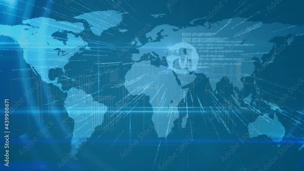 Poster animation of networks of connections with people icons over 3d cityscape and world map