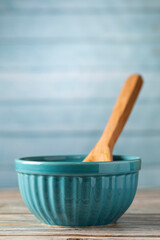 kitchen utensils on wooden background.