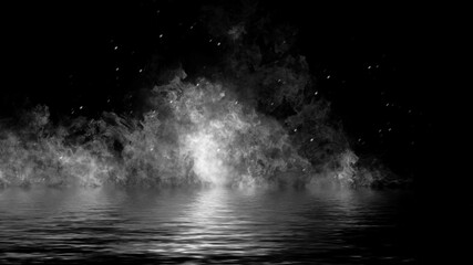 Fire on isolated background. Perfect explosion effect for decoration and covering on black background. Concept burn flame and light texture overlays. Reflection in water.