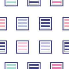 Abstract geometric boxes with colorful lines on white seamless background pattern.