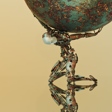 Rusting old robot holding giant sphere