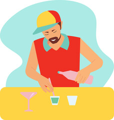 A bearded male bartender makes a cocktail by pouring liquid from a pink bottle into a glass of blue drink. Vector flat realistic illustration with white background.