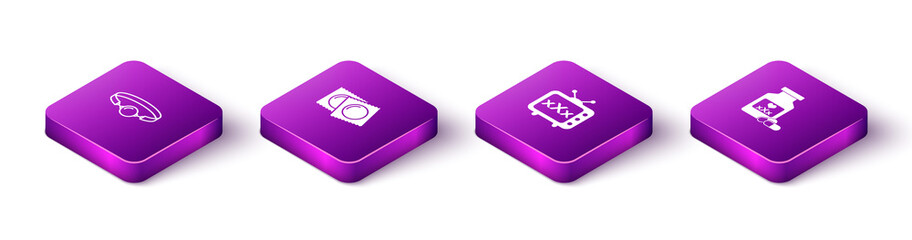 Set Isometric Silicone ball gag, Condoms in package, Sex tv old television and Bottle with pills for potency icon. Vector