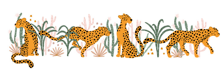 Leopards in the Tropical Jungle. Vector illustration composition of animal, plants, cacti, succulents in simple cartoon hand-drawn style. Pastel earthy palette. Isolate on a white background. © Svitlana Kharchuk
