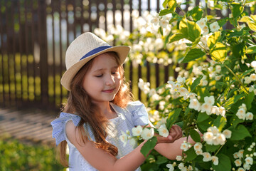 charming little girl sniffs jasmine flowers in sunny summer garden. child with hat on his head and light striped dress enjoys aroma beautiful flowers. Romantic concept tenderness, childhood.