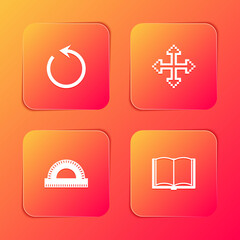 Set Refresh, Pixel arrows in four directions, Protractor grid and Open book icon. Vector