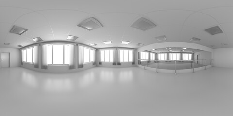 Empty white dance-hall room colorless 360 degrees panorama