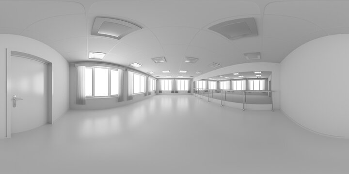White empty training dance rooml colorless 360 degrees panorama