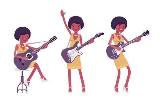 Musician, Jazz, Rock And Roll African Woman Playing String Instruments. Electro Guitar, Classic Guitar Performer, Pop Music Band Or Popular Club Solo Artist. Vector Flat Style Cartoon Illustration