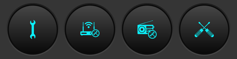 Set Wrench, Router wi-fi with service, Radio and Crossed screwdrivers icon. Vector