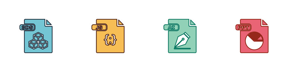Set 3DS file document, JS, AI and PPT icon. Vector