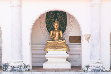 Buddha statue with raw of Brass. Holy thing, Believe, Culture, Traditional. Buddhist believe concept. Calm concept. meditation concept.