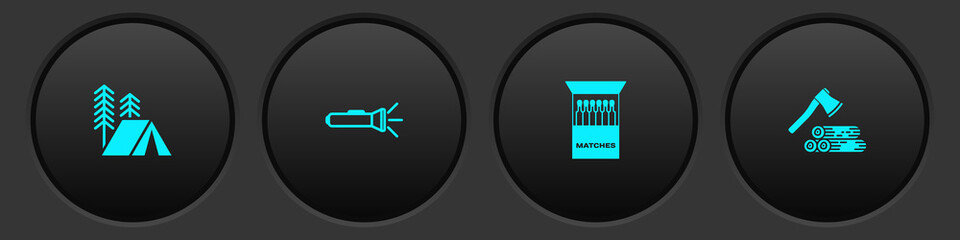 Set Tourist tent, Flashlight, Open matchbox and matches and Wooden axe wood icon. Vector