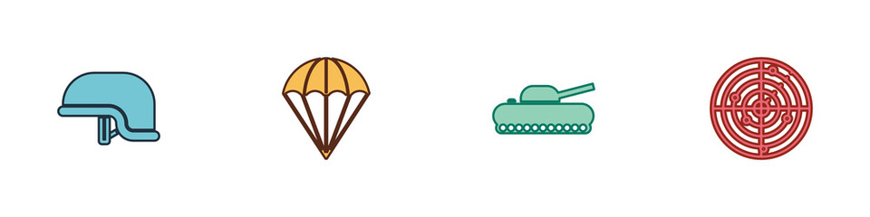 Set Military helmet, Parachute, tank and Radar with targets icon. Vector