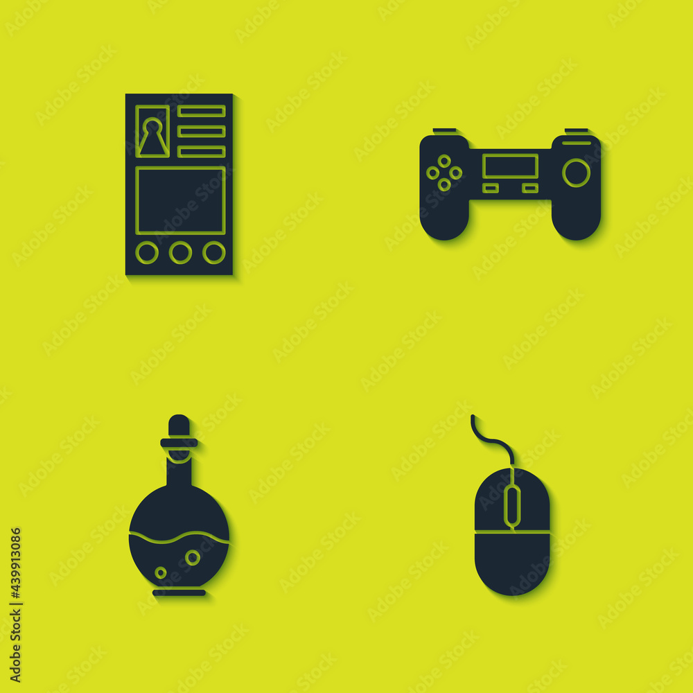 Poster set create account screen, computer mouse, bottle with magic elixir and gamepad icon. vector