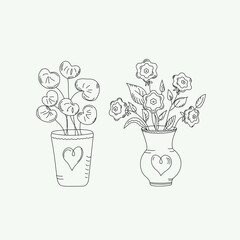Flowers, plants in a pot and a vase. Vase of flowers, home plant in a pot. Doodle set. Black outline. Vector graphics. Isolated white background.