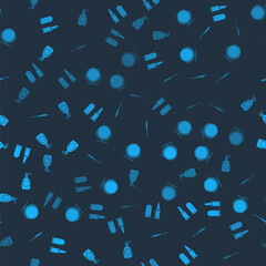 Set Lipstick, Round makeup mirror, Syringe and Bottle of liquid soap on seamless pattern. Vector