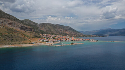 Fototapeta na wymiar Aerial drone photo of new city of Monemvasia in the heart of Lakonia with beautiful clouds and deep blue sky, Peloponnese, Greece