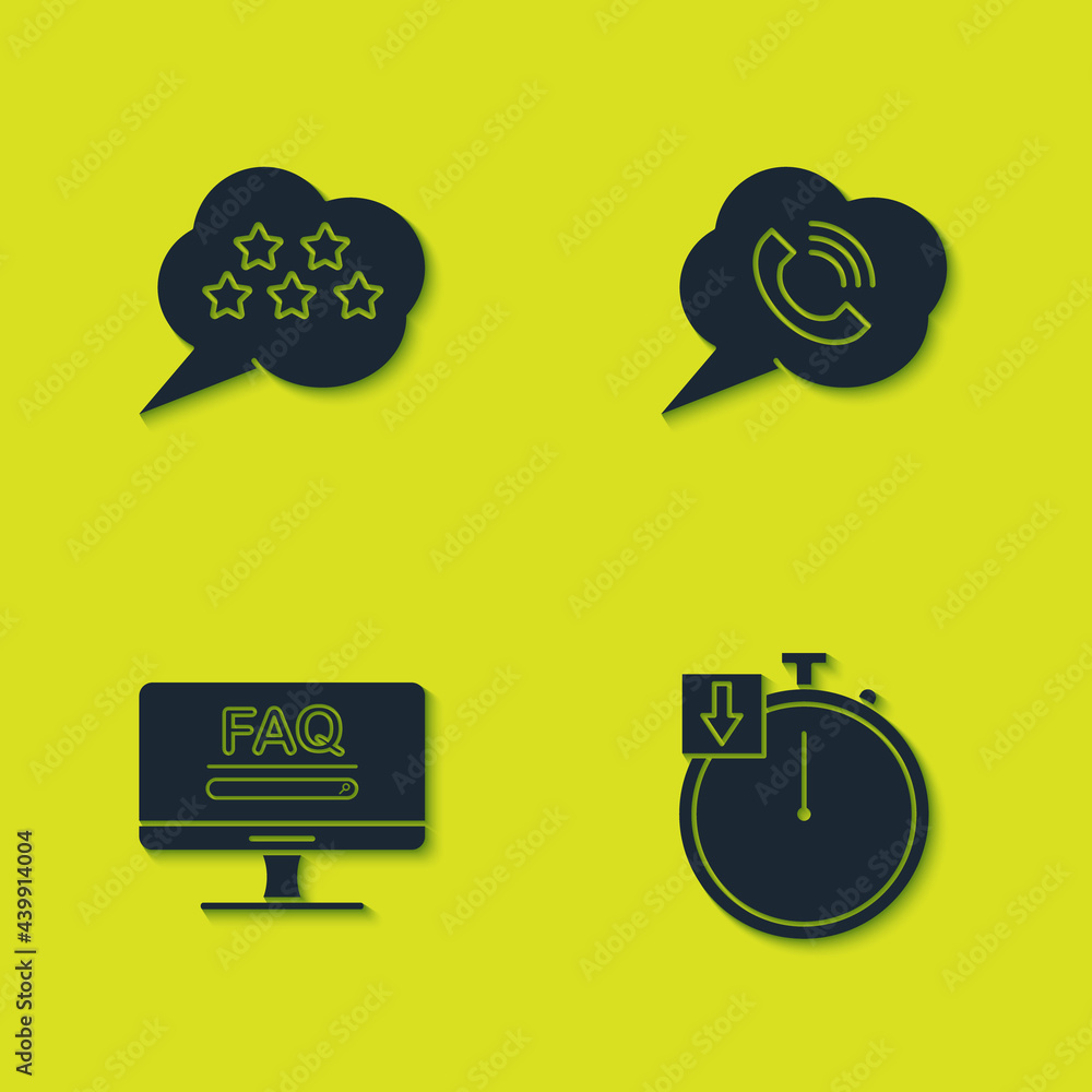 Poster set five stars rating review, stopwatch, monitor with faq information and speech bubble phone call i