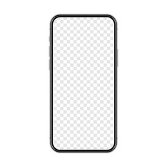 Realistic smartphone with blank touch screen isolated on white background. Frameless mobile phone in front view. High quality detailed device mockup. Vector illustration.