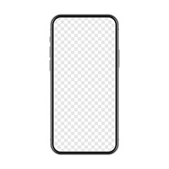 Realistic smartphone with blank touch screen isolated on white background. Frameless mobile phone in front view. High quality detailed device mockup. Vector illustration.