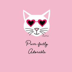 Perfectly adorable white cool cat with heart sunglasses vector illustration panel
