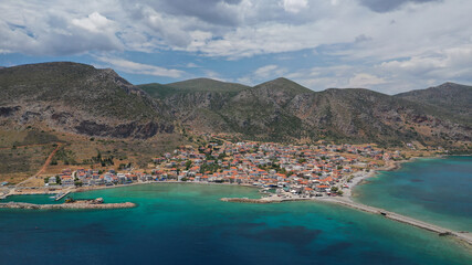 Naklejka premium Aerial drone photo of new city of Monemvasia in the heart of Lakonia with beautiful clouds and deep blue sky, Peloponnese, Greece