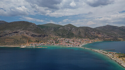 Fototapeta premium Aerial drone photo of new city of Monemvasia in the heart of Lakonia with beautiful clouds and deep blue sky, Peloponnese, Greece
