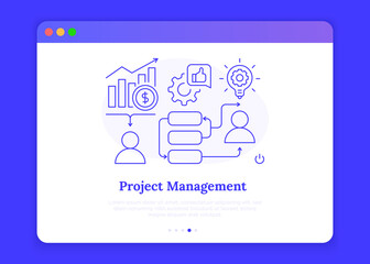 Project management concept with thin line icons. Business plan with teamwork for financial growth.  Software and ai for effective work. Vector illustration.