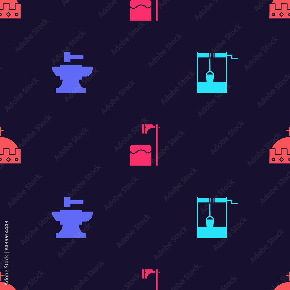 Poster set well with bucket, anvil for blacksmithing hammer, executioner axe tree block and king crown on s