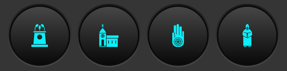 Obraz premium Set Stage stand or tribune, Church building, Jainism Jain Dharma and Monk icon. Vector