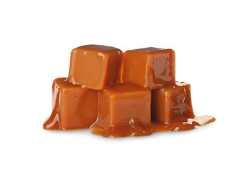 Caramel candies with topping on white background