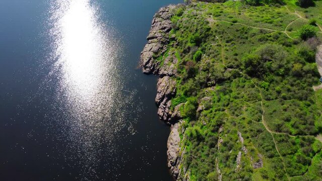 Aerial View of Beautiful Rocks above the River. Rocky Coast