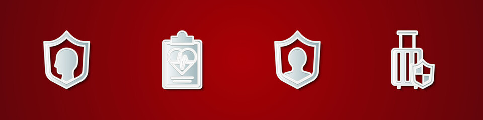Set Life insurance with shield, Health, and Travel suitcase icon. Vector