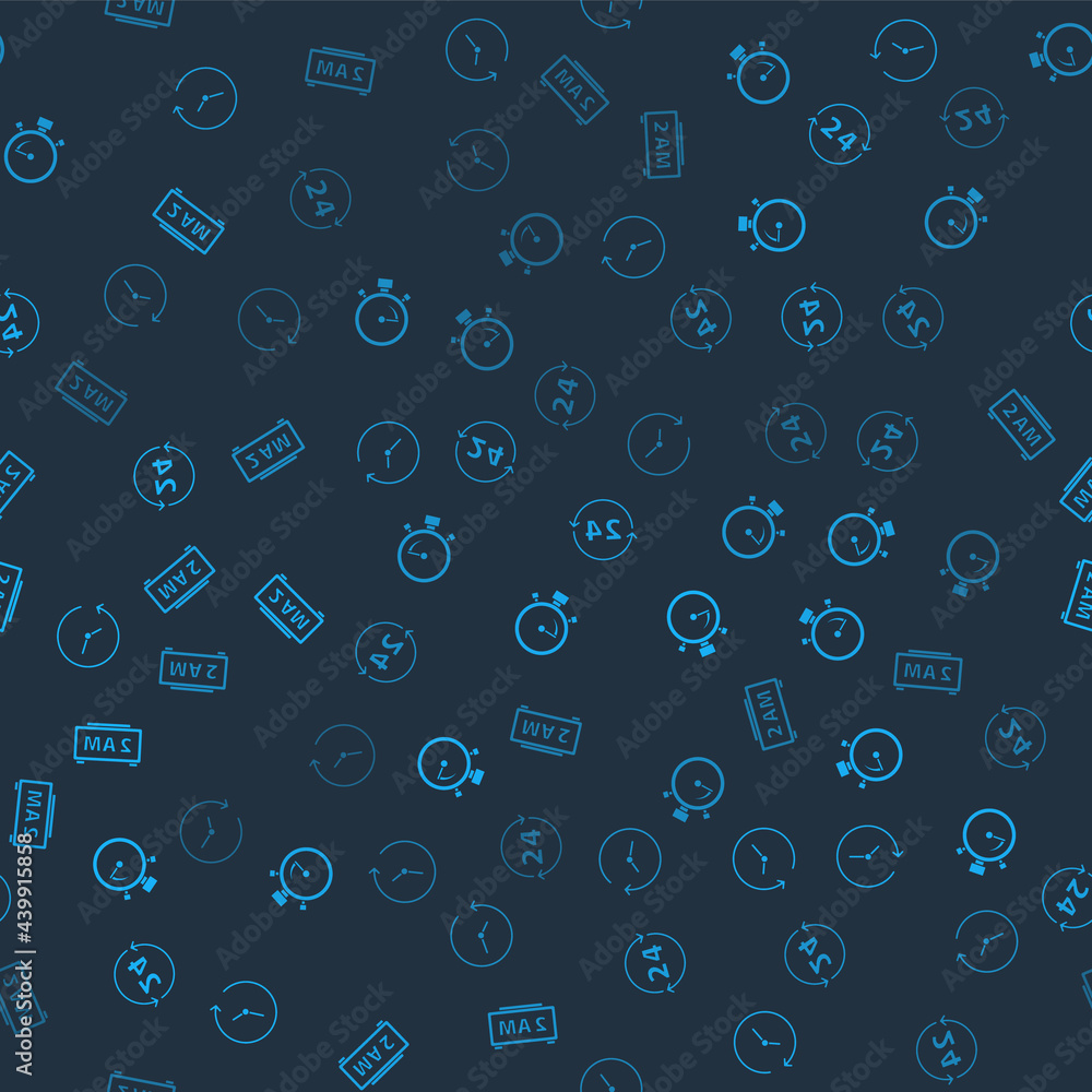 Poster set clock, stopwatch, 24 hours and digital alarm clock on seamless pattern. vector