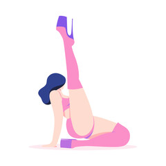 Pole dancer girl dancing in stripper shoes on pylon. Body-positive, love your body. Flat style cartoon character, isolated illustration on white background