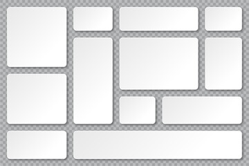 Set of blank paper banners with shadows on transparent background. Adhesive stickers, labels with rounded corners. Vector illustration.