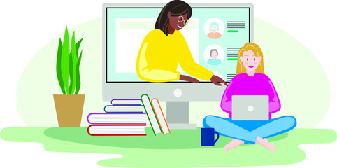 vector illustration of telecommuting, two girls chatting online