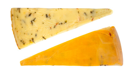 gouda cheese with herbs. sliced and isolated on white background