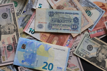 Different paper money from various countries.