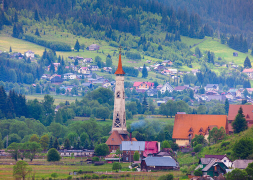 Traditional Romanian church made of wood structure. Dorna, Romania