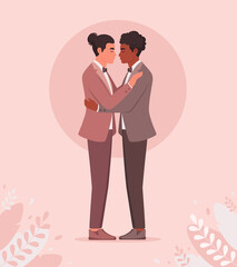 Gay couple hugging. LGBT wedding, pride concept. Multicultural couple. Vector illustration